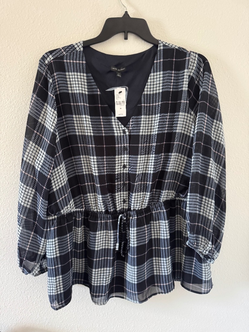Lane Bryant Plaid Flannel Cinched Waist NWT Navy and Gray